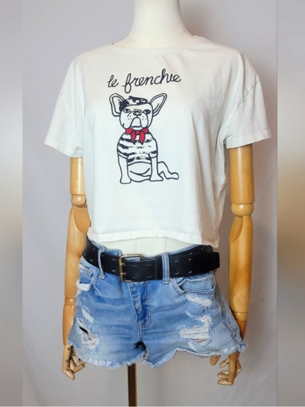 French Connection White Cropped Tee with Black and Red Graphic - Picture 3 of 5